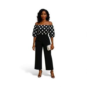 Black & White Polka Dot Off-Shoulder Jumpsuit | Size L | Tall Girl Friendly